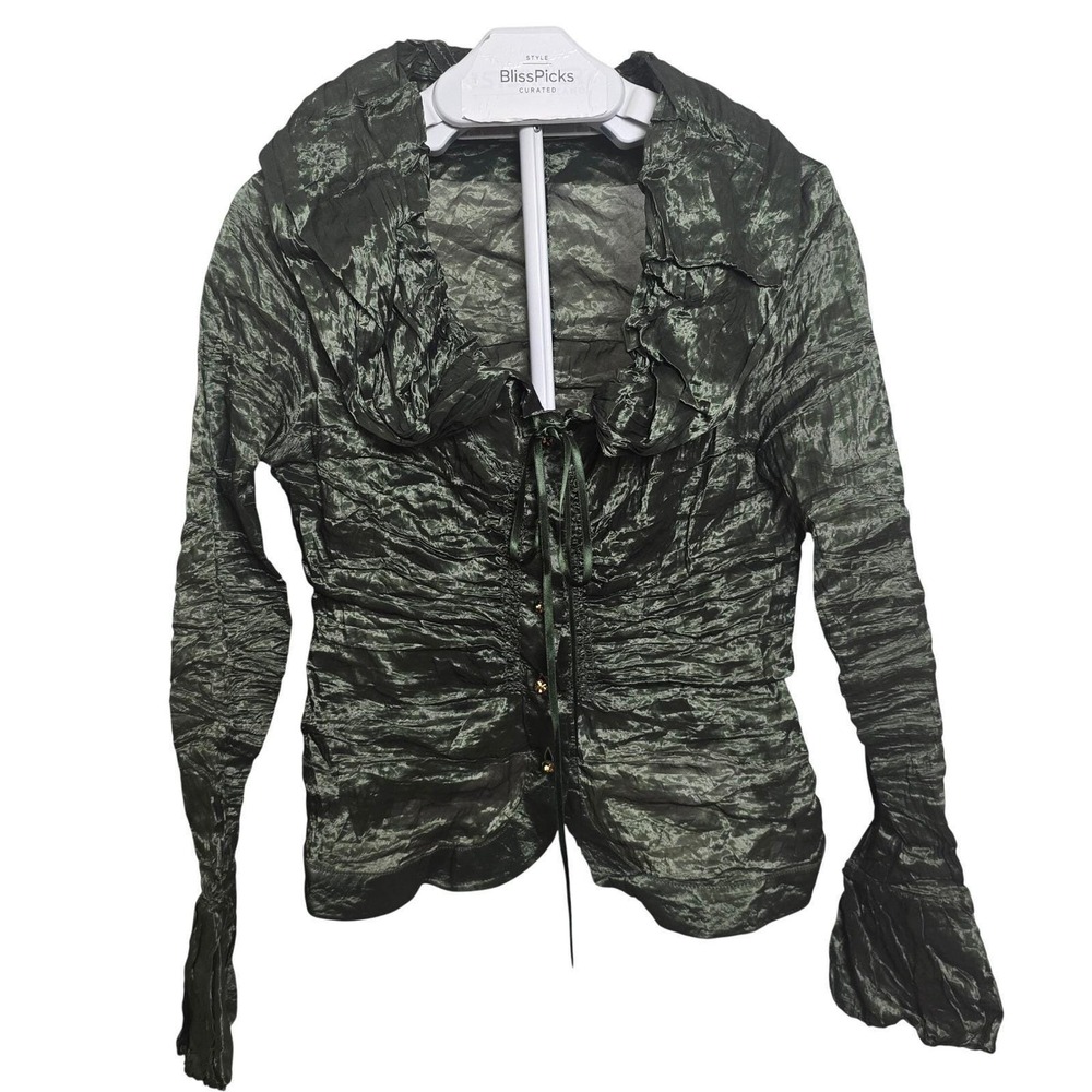 Maria Grazia Severi Y2K Vintage Green Metallic Jacket IT 48 Jewel Button Italy‎